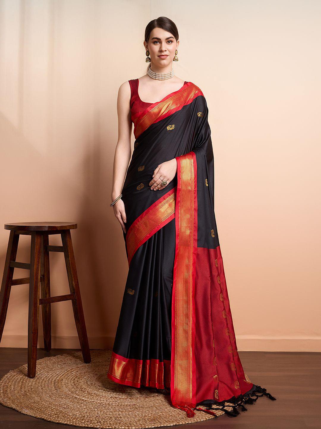 Royal Black & Crimson Red Paithani Cotton Silk Saree