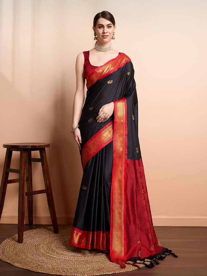 Royal Black & Crimson Red Paithani Cotton Silk Saree