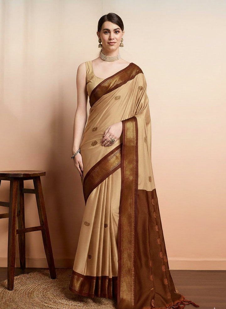 Royal Beige Paithani Cotton Silk Saree with Brown Zari Border