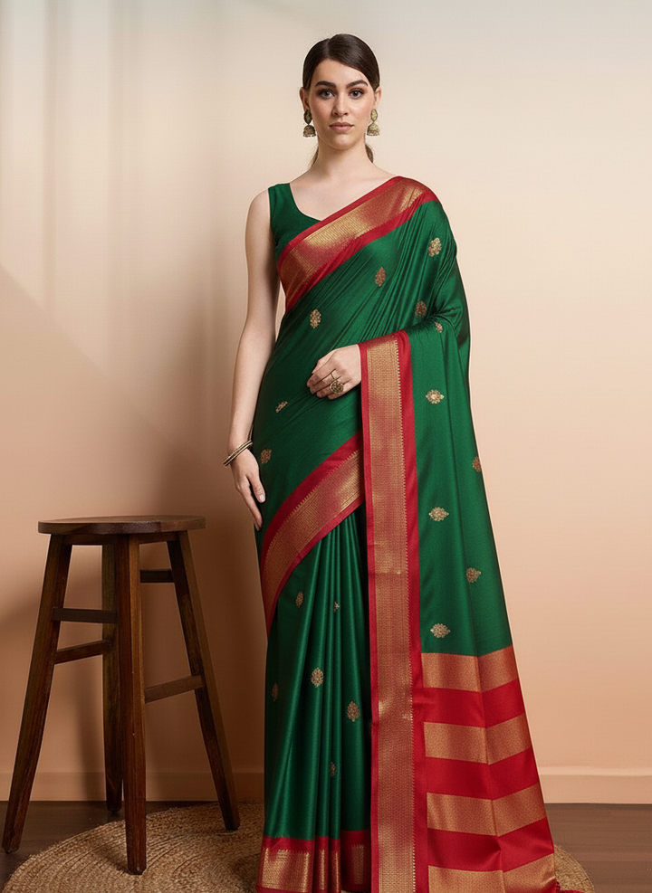 Classic Emerald Green & Royal Red Paithani Cotton Silk Saree