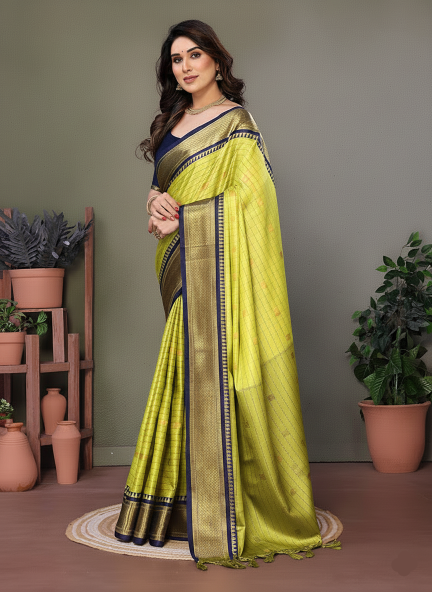 Stylish Lime Green & Blue Checks Paithani Cotton Silk Saree with Zari Border