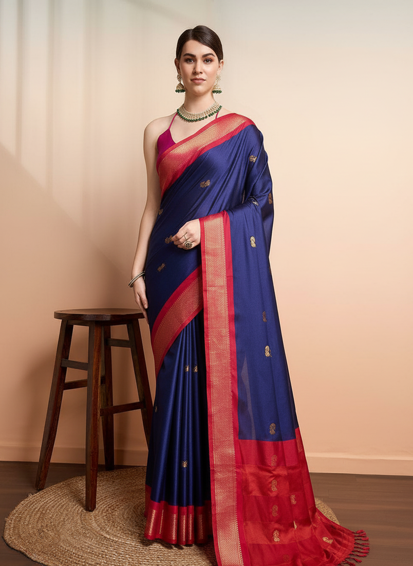 Royal Navy Blue & Classic Red Paithani Cotton Silk Saree