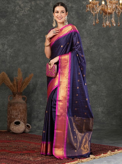 Elegant Navy Blue & Pink Checks Paithani Cotton Silk Saree with Zari Border