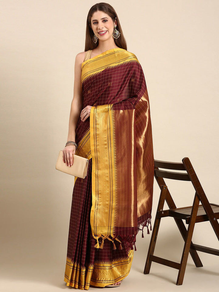 Rich Dark Maroon & Golden Yellow Checks Paithani Cotton Silk Saree with Zari Border