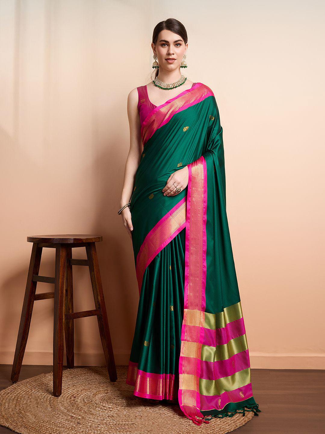 Royal Emerald Green & Rani Pink Paithani Cotton Silk Saree