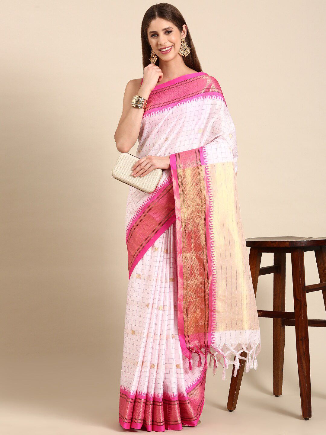 White & Rani Pink Checked Cotton Silk Saree with Rich Zari Border