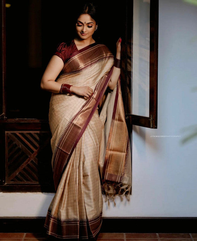 Elegant Cream & Brown Checks Paithani Cotton Silk Saree with Gold Zari Border