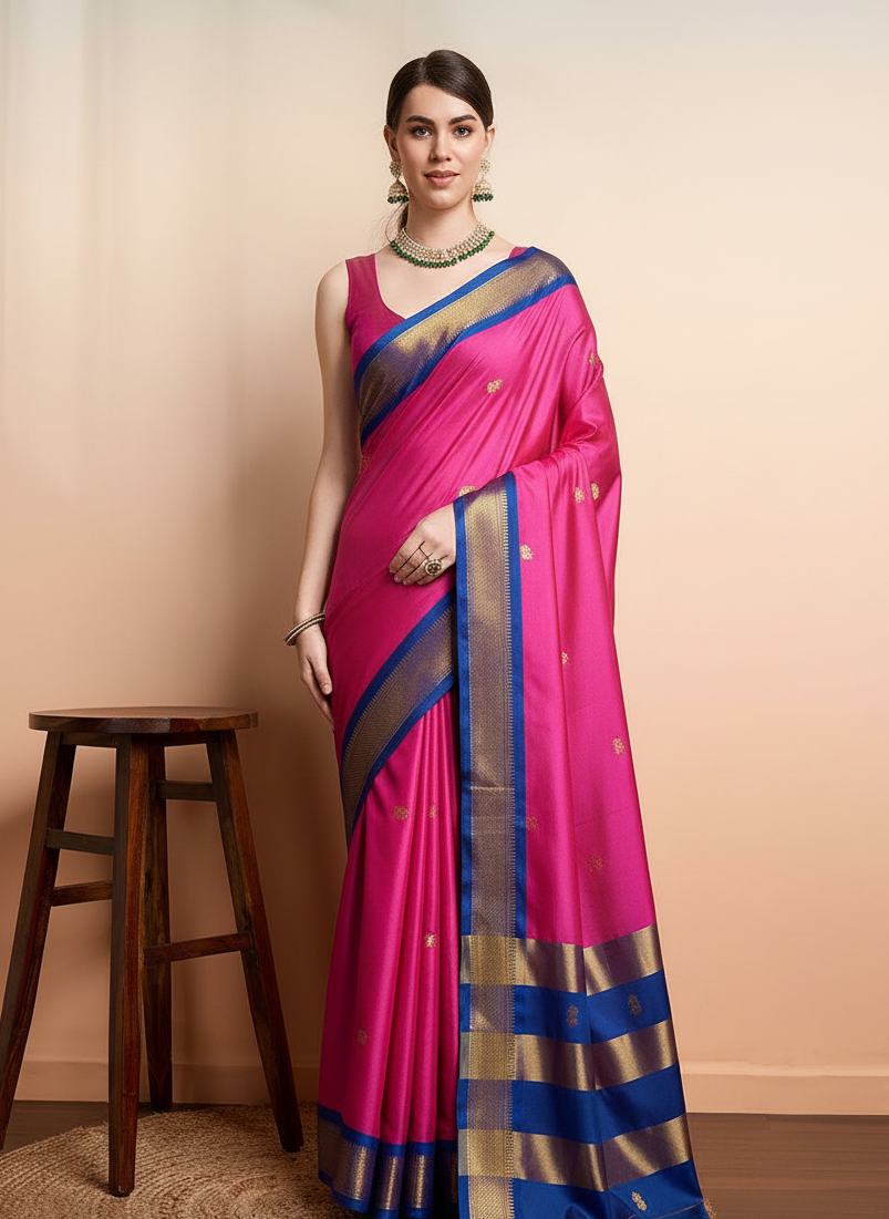 Vibrant Rani Pink & Royal Blue Paithani Cotton Silk Saree