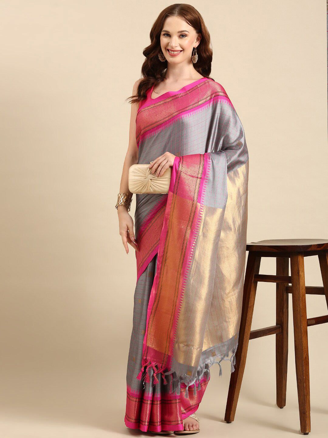 Elegant Grey & Pink Checks Paithani Cotton Silk Saree with Zari Border