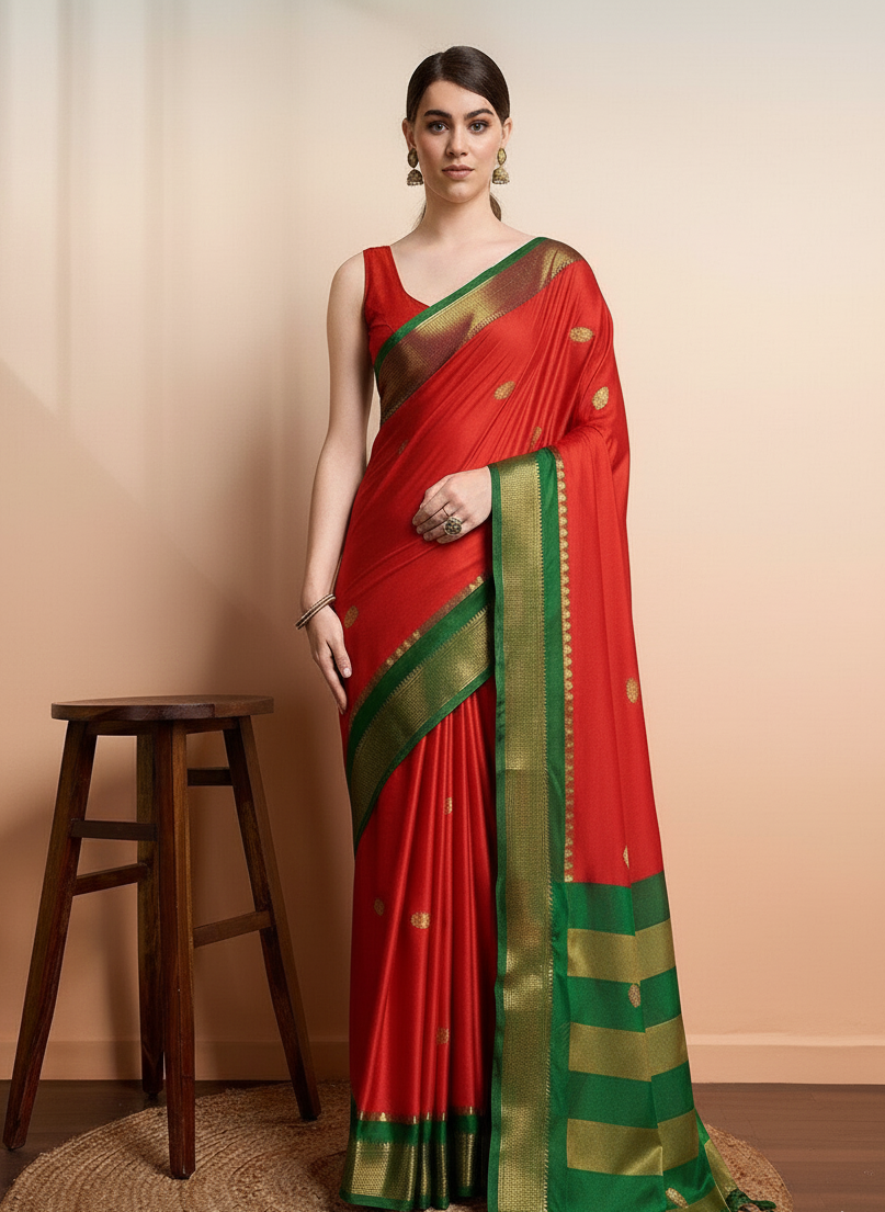 Traditional Red & Emerald Green Paithani Cotton Silk Saree