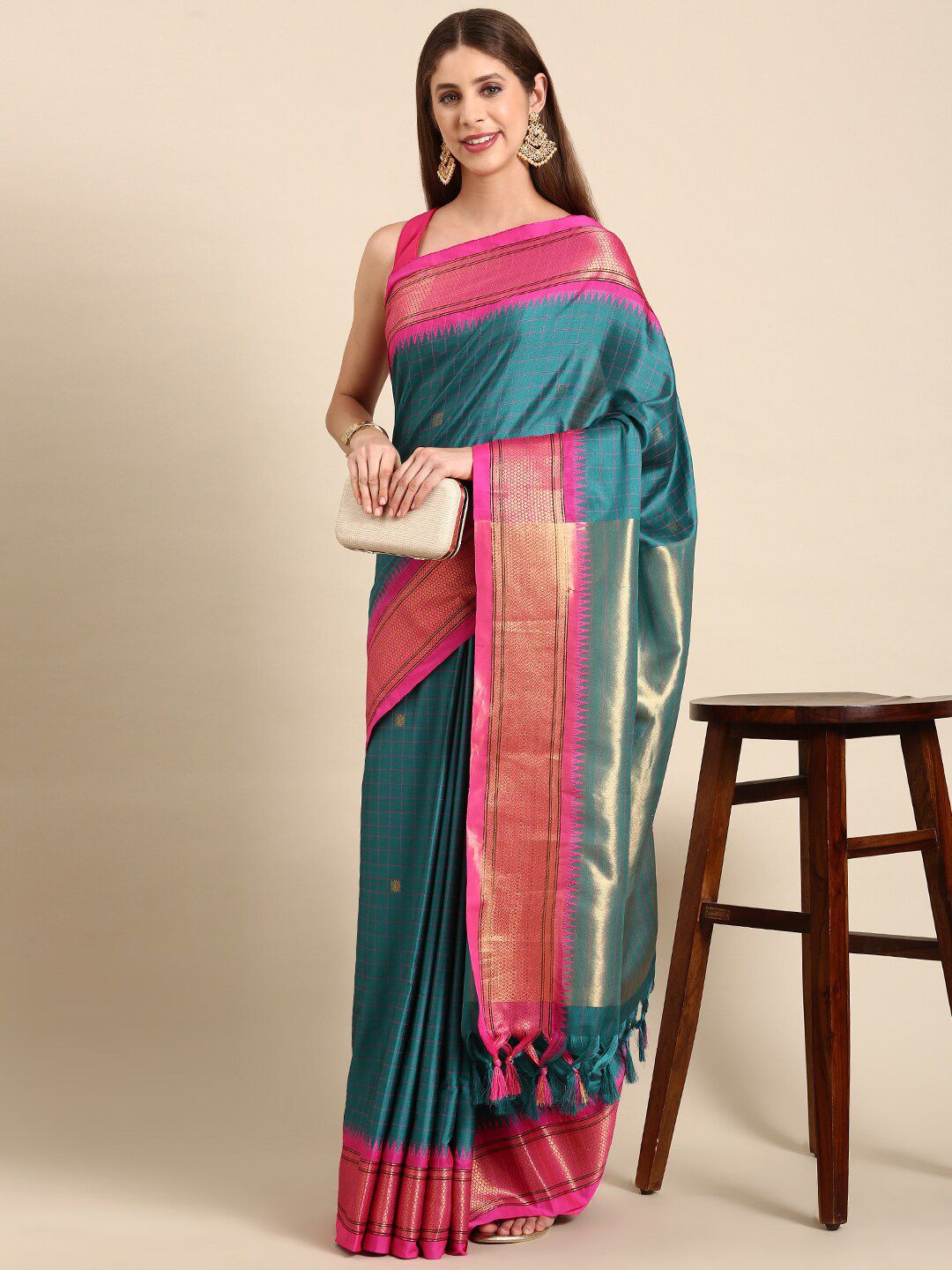 Teal Blue & Rani Pink Checked Cotton Silk Saree with Rich Zari Border