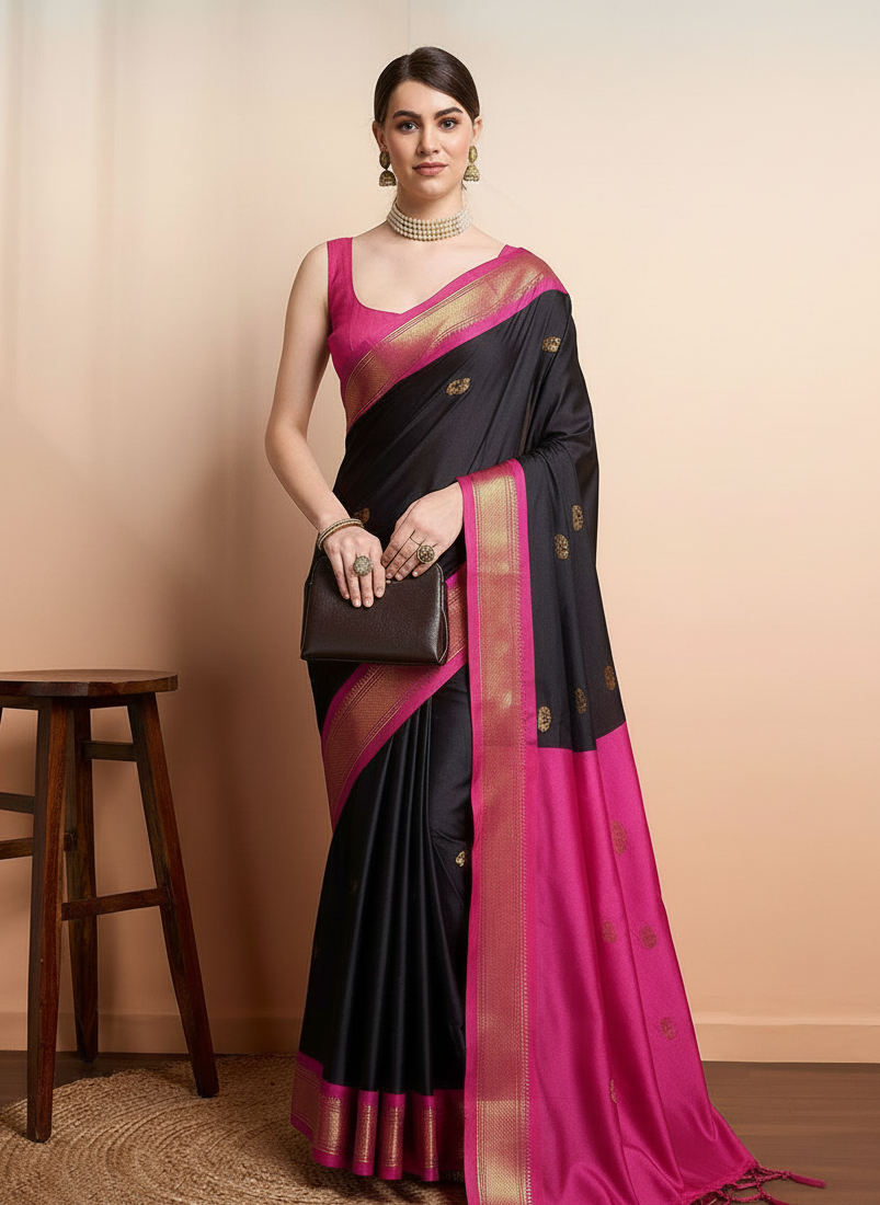 Midnight Black & Pink Paithani Cotton Silk Saree