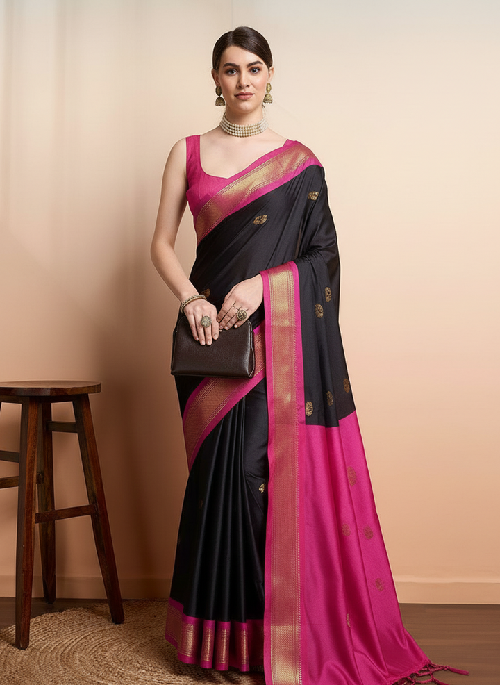 Midnight Black & Pink Paithani Cotton Silk Saree
