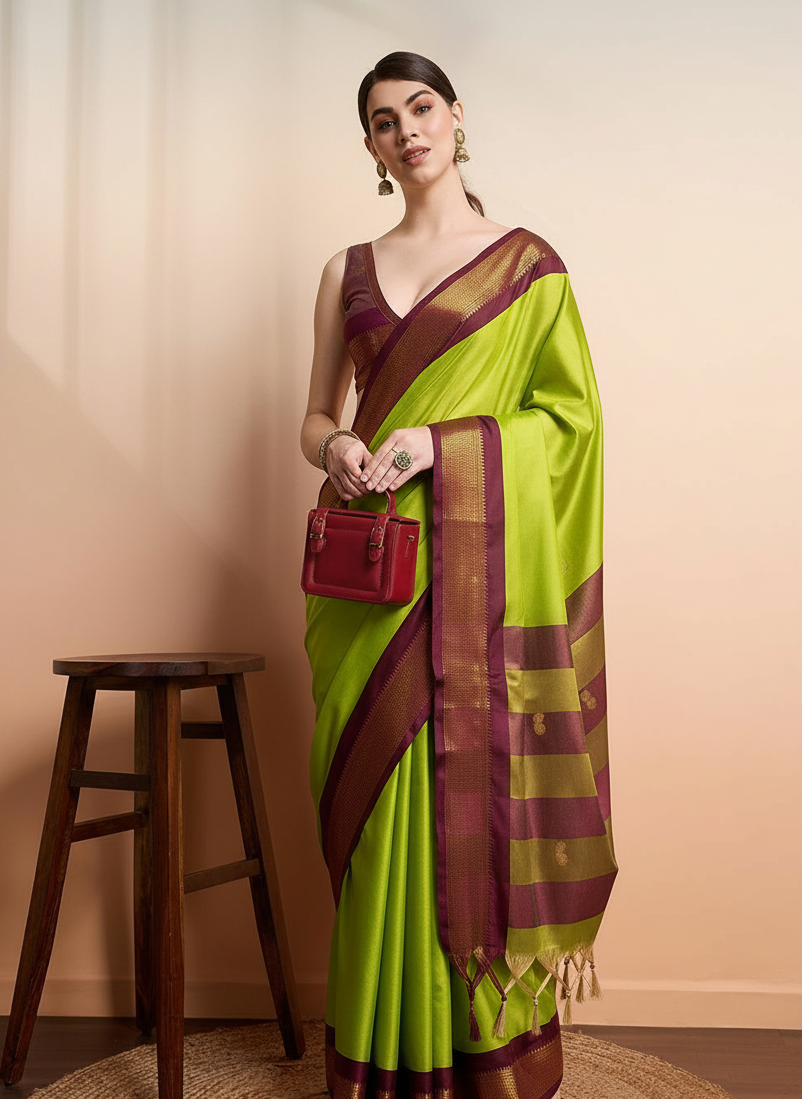 Elegant Lime Green & Wine Brown Paithani Cotton Silk Saree