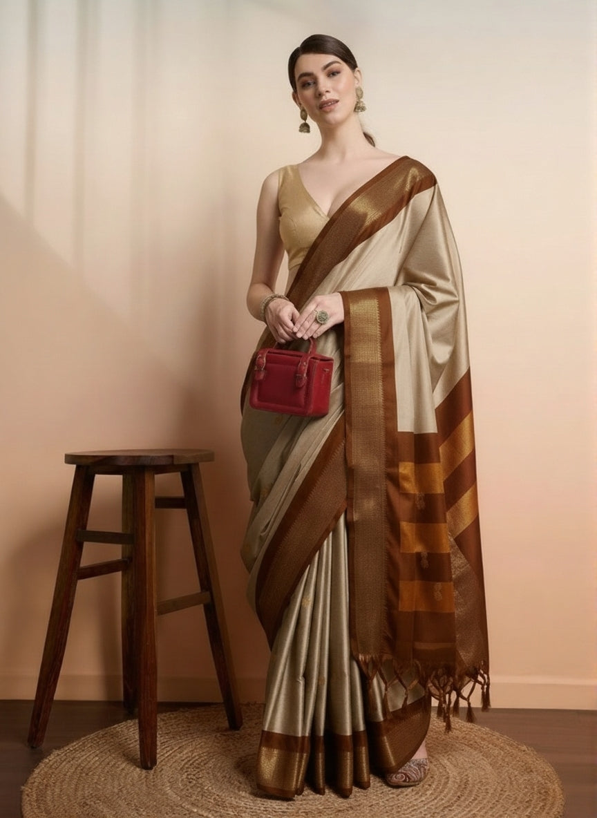 Elegant Tussar Beige & Rich Brown Paithani Cotton Silk Saree