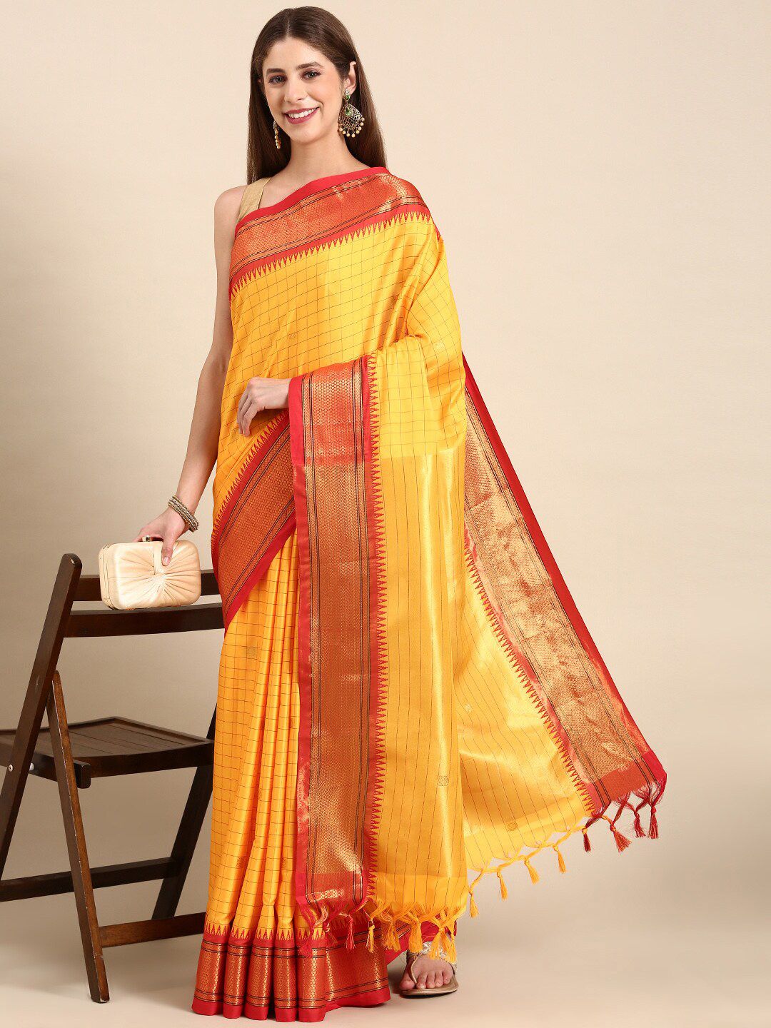 Vibrant Orange Yellow & Red Cotton Silk check paithani Saree