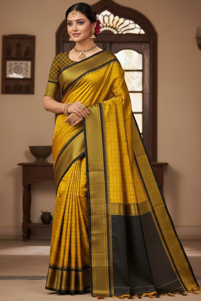 Royal Gold & Black Checks Paithani Cotton Silk Saree with Zari Border