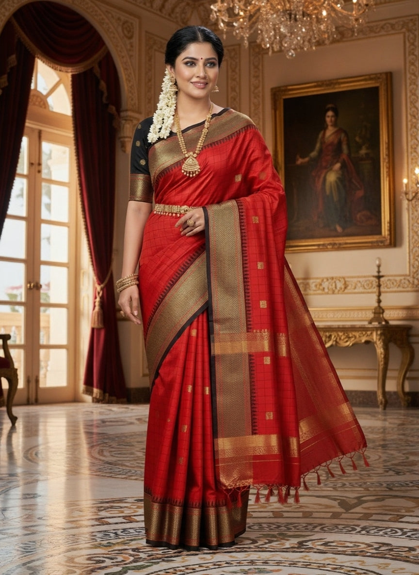 Royal Red & Black Cotton Silk Checks paithani Saree