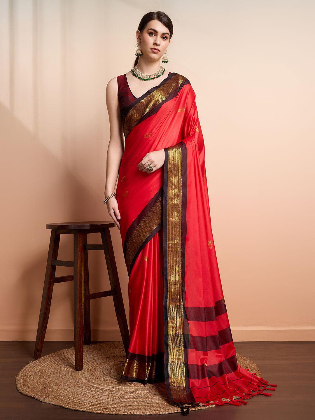 Classic Red & Deep Brown Paithani Cotton Silk Saree