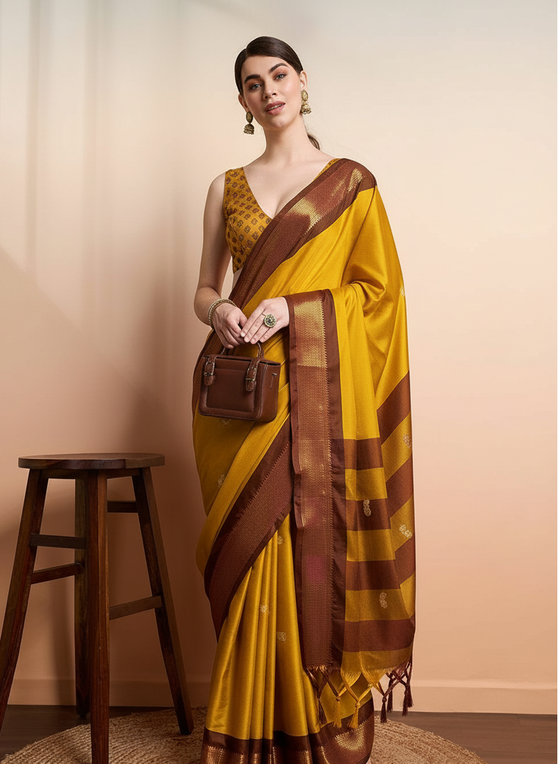Radiant Mustard Yellow & Classic Brown Paithani Cotton Silk Saree