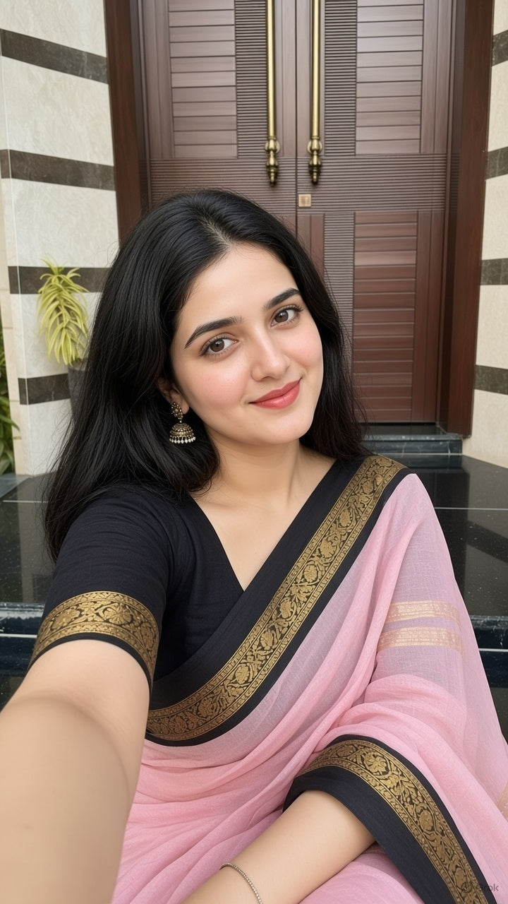 Devika - Blush Pink & Black Royal Elephant Saree