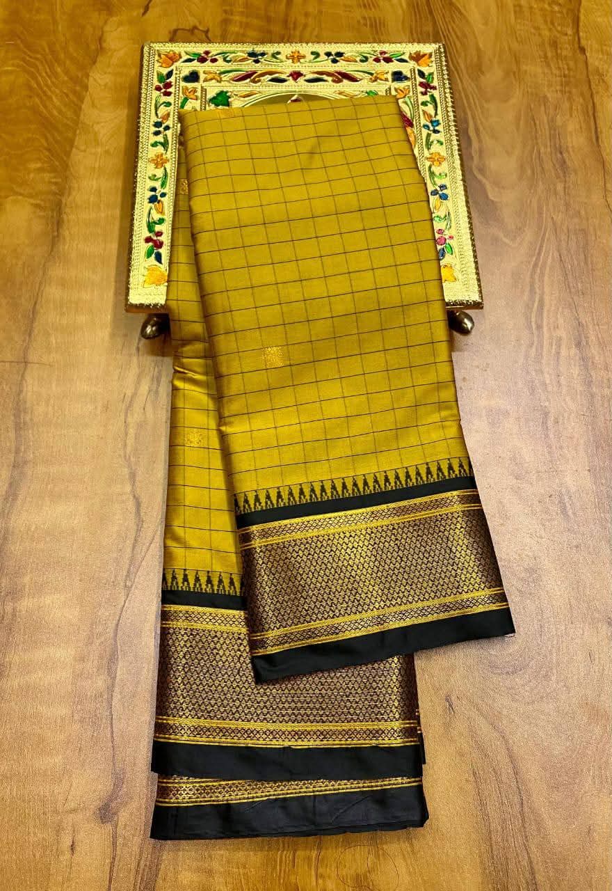 Royal Gold & Black Checks Paithani Cotton Silk Saree with Zari Border