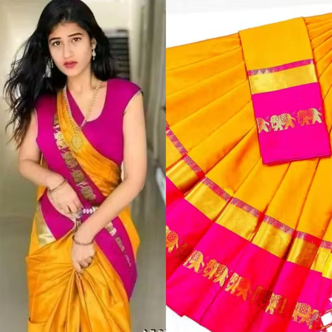 Yellow & Rani Pink Cotton Silk Savanna Elephant Saree