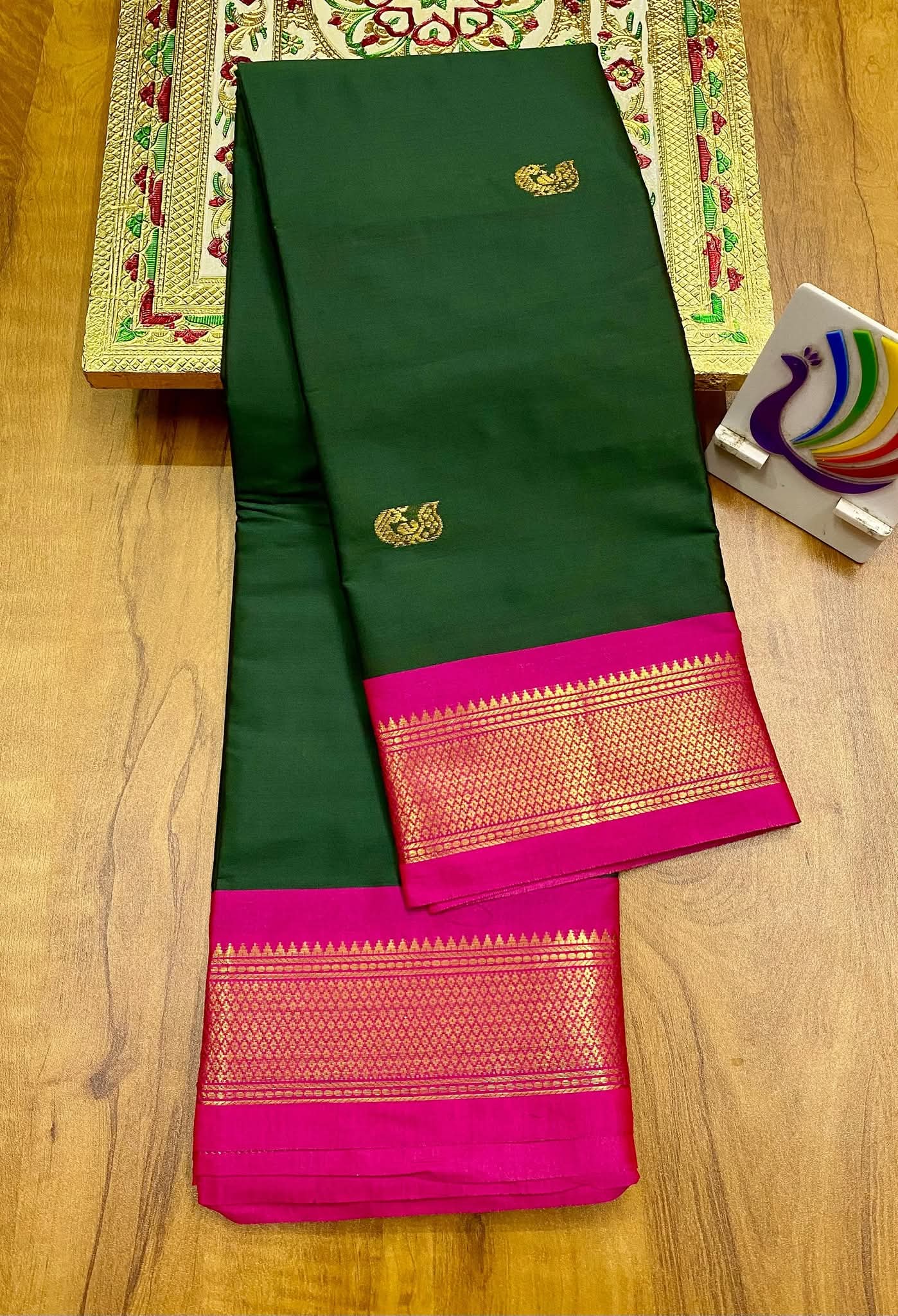 Royal Emerald Green & Rani Pink Paithani Cotton Silk Saree