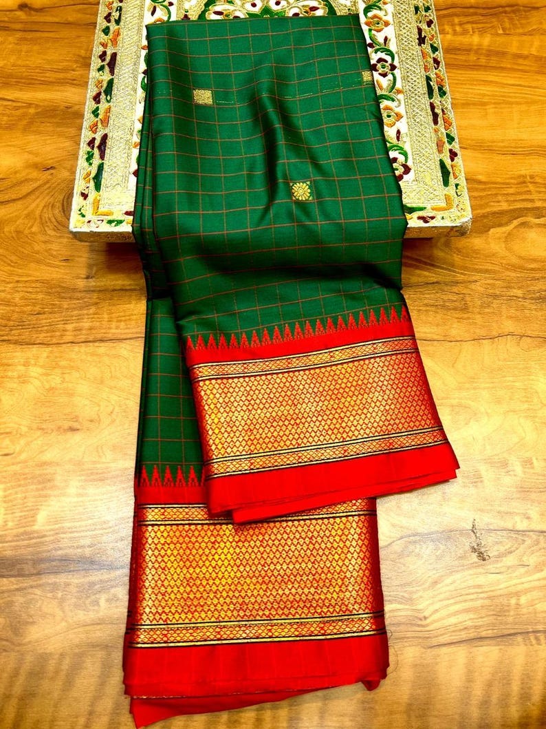 Classic Green & Red Checks Paithani Cotton Silk Saree with Zari Border