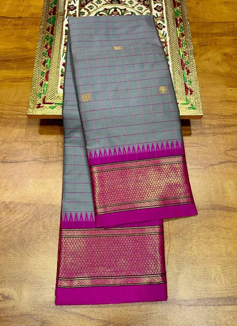 Elegant Grey & Pink Checks Paithani Cotton Silk Saree with Zari Border