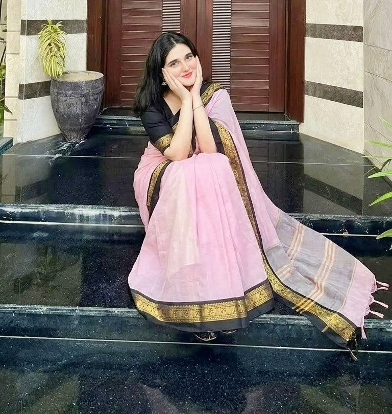 Devika - Blush Pink & Black Royal Elephant Saree