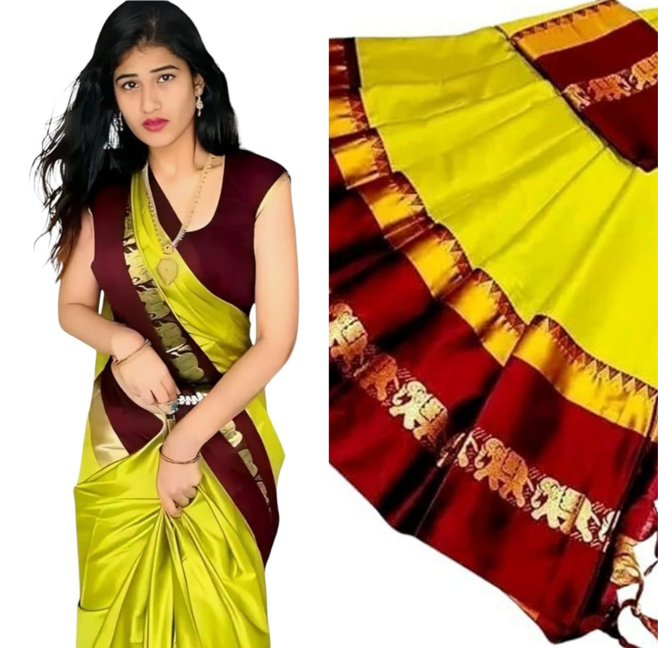 Lemon Green & Coffee Brown Cotton Silk Savanna Elephant Saree
