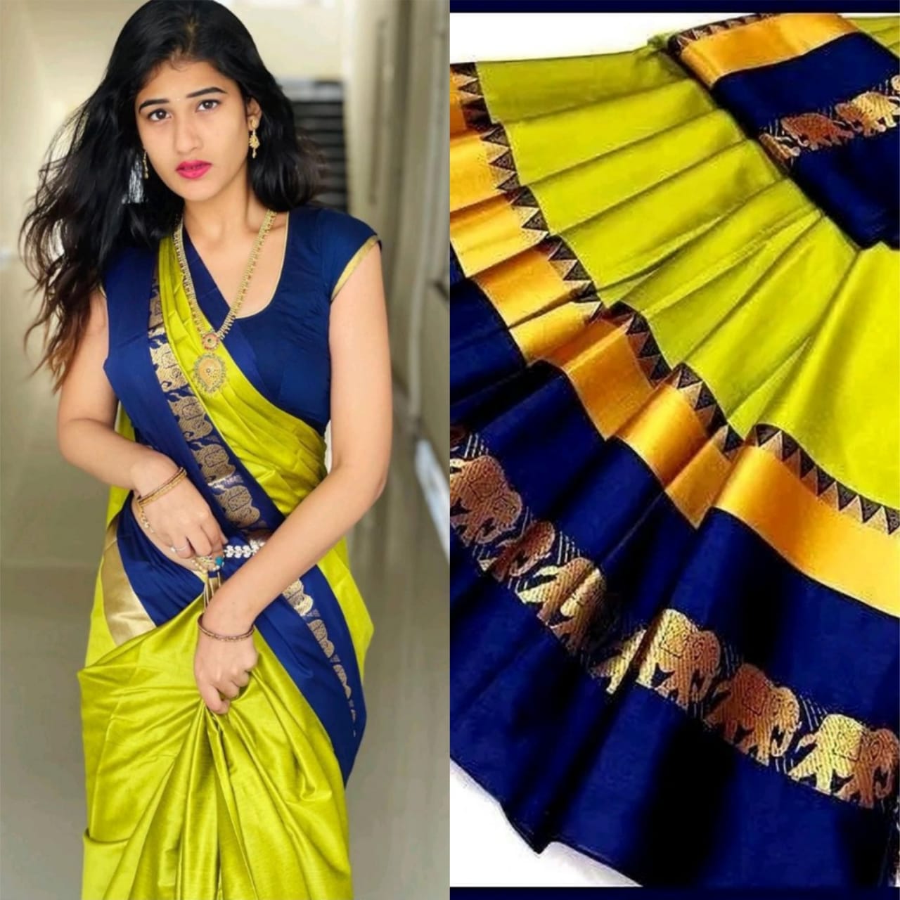 Lime Green & Royal Blue Cotton Silk Savanna Elephant Saree