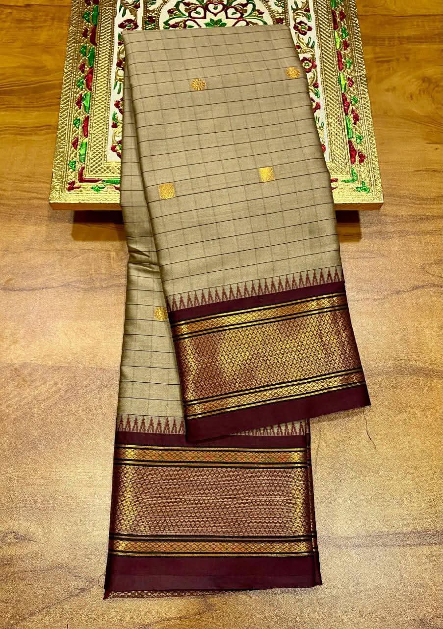 Elegant Beige & Maroon Checks Paithani Cotton Silk Saree with Zari Border