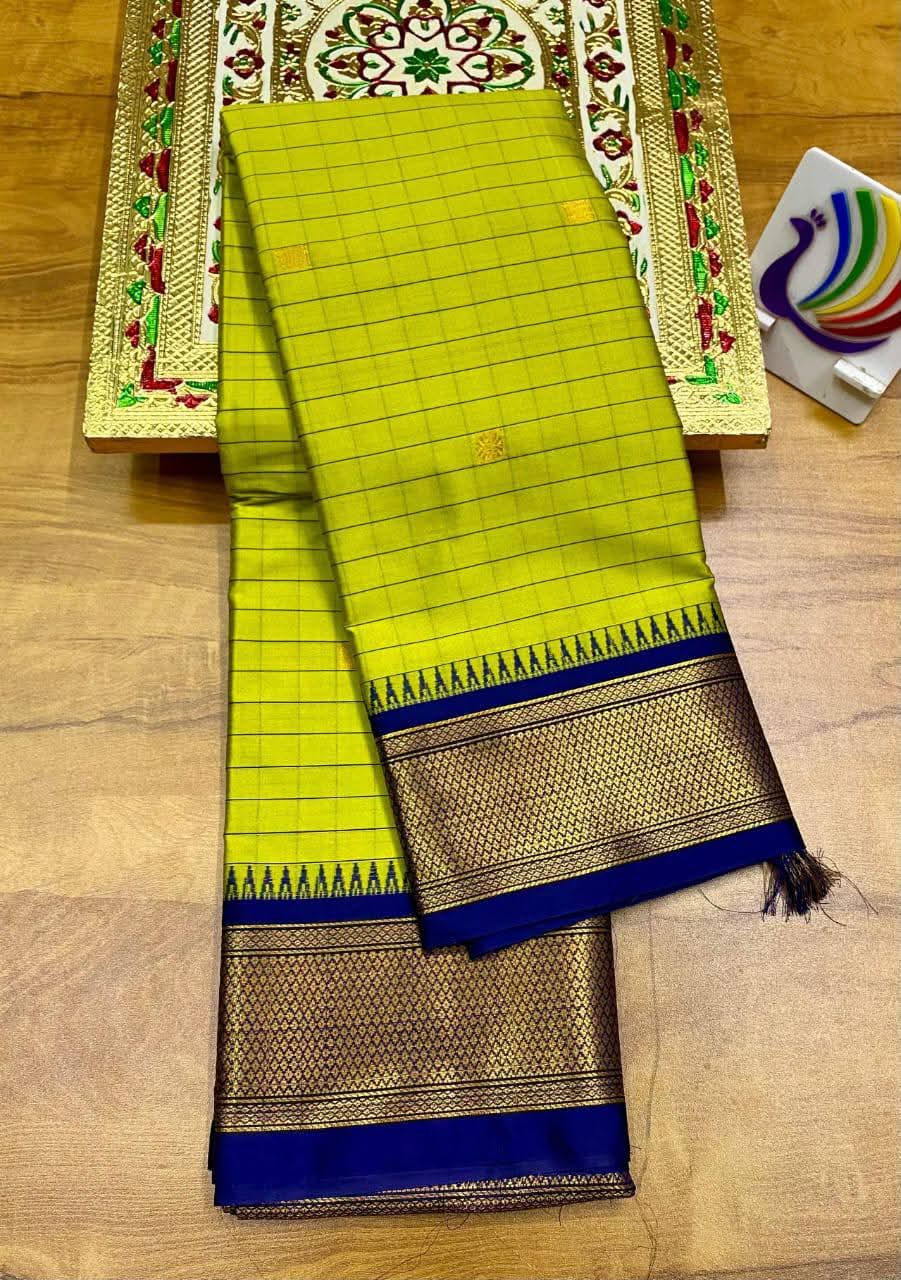 Stylish Lime Green & Blue Checks Paithani Cotton Silk Saree with Zari Border
