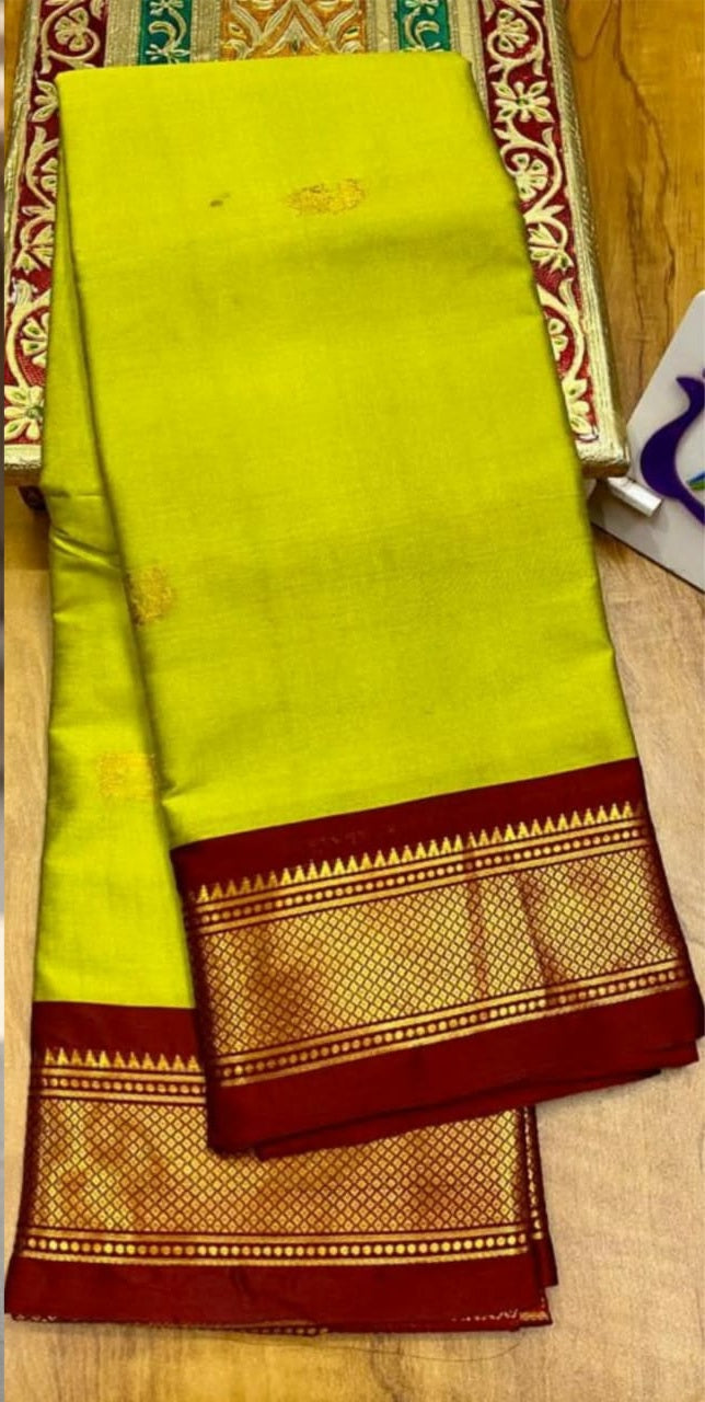 Elegant Lime Green & Wine Brown Paithani Cotton Silk Saree