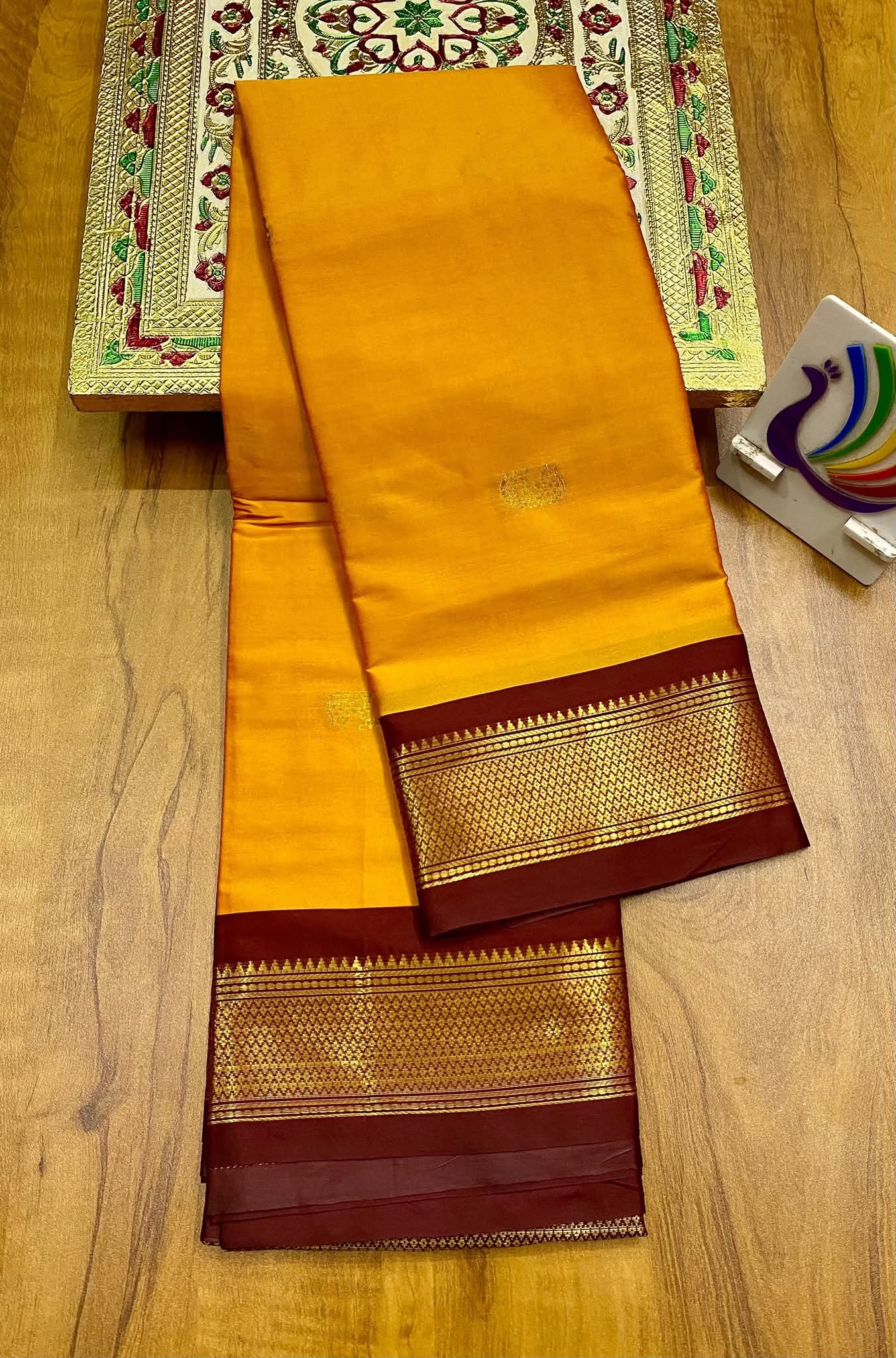 Radiant Mango Yellow & Wine Brown Paithani Cotton Silk Saree