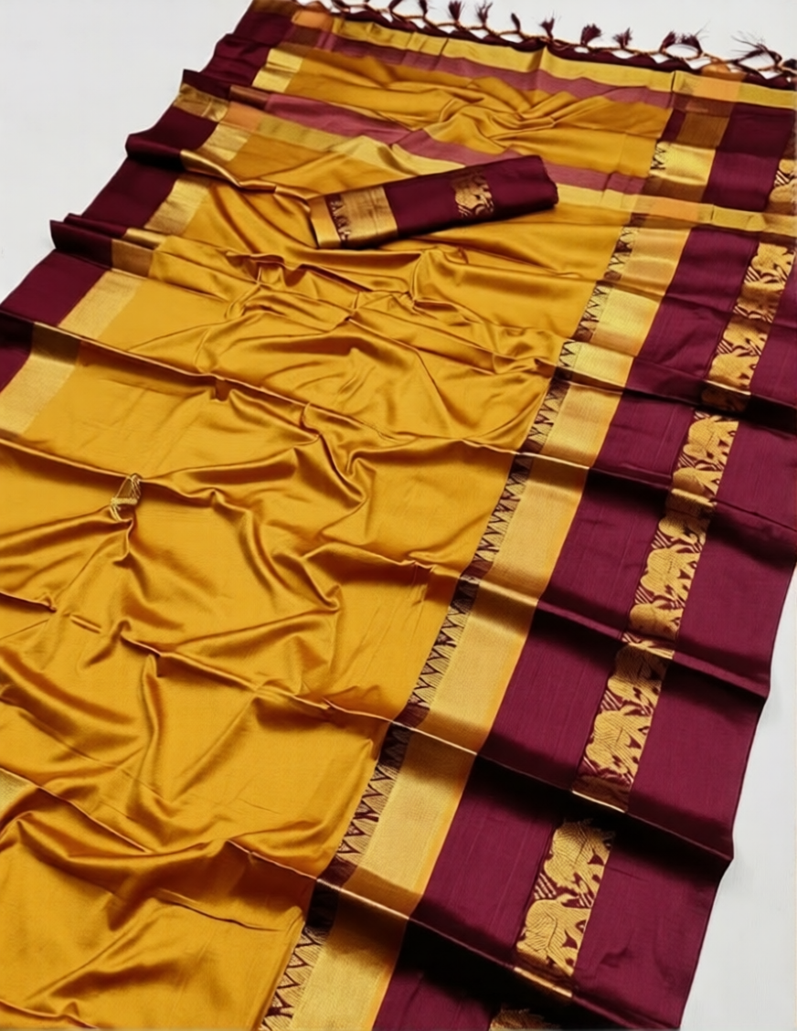 Mustard Yellow & Maroon Cotton Silk Savanna Elephant Saree