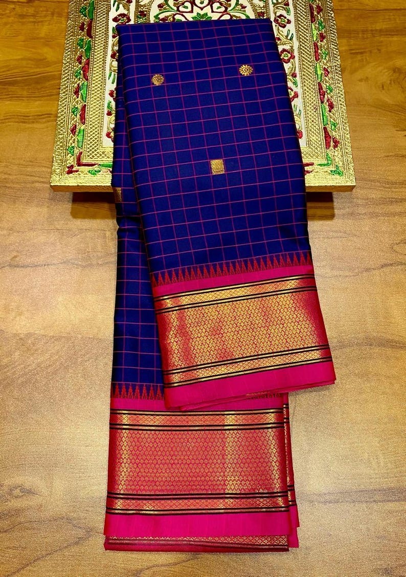 Elegant Navy Blue & Pink Checks Paithani Cotton Silk Saree with Zari Border