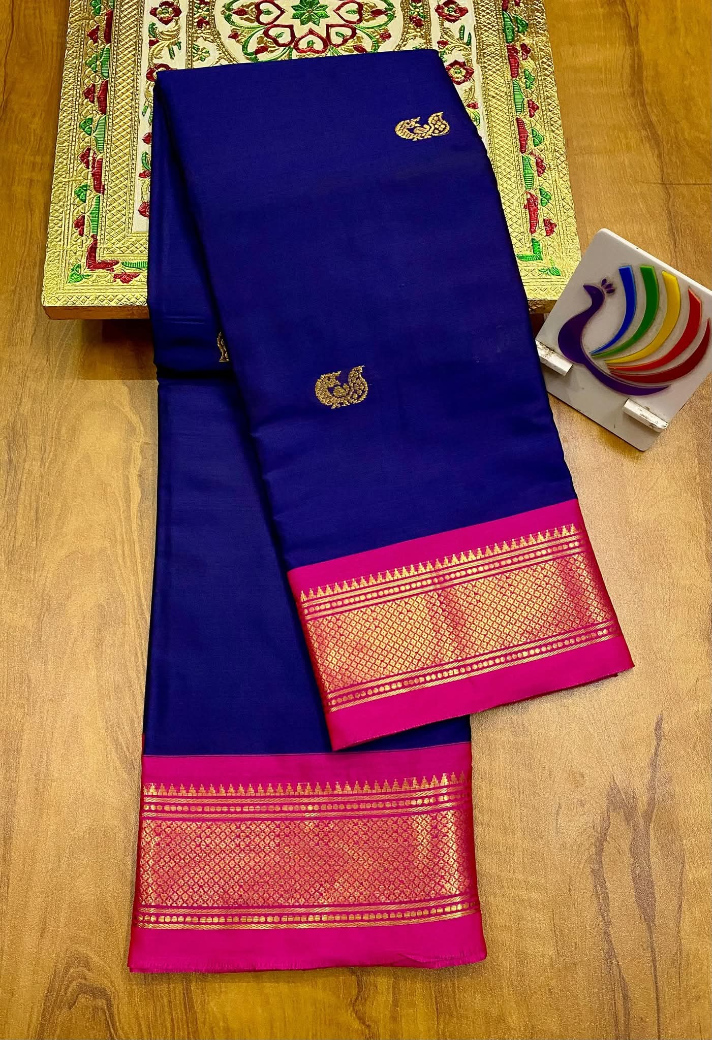Elegant Navy Blue & Rani Pink Paithani Cotton Silk Saree