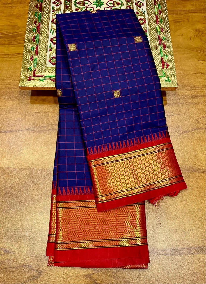 Elegant Navy Blue & Red Checks Cotton Silk Saree with Rich Zari Border