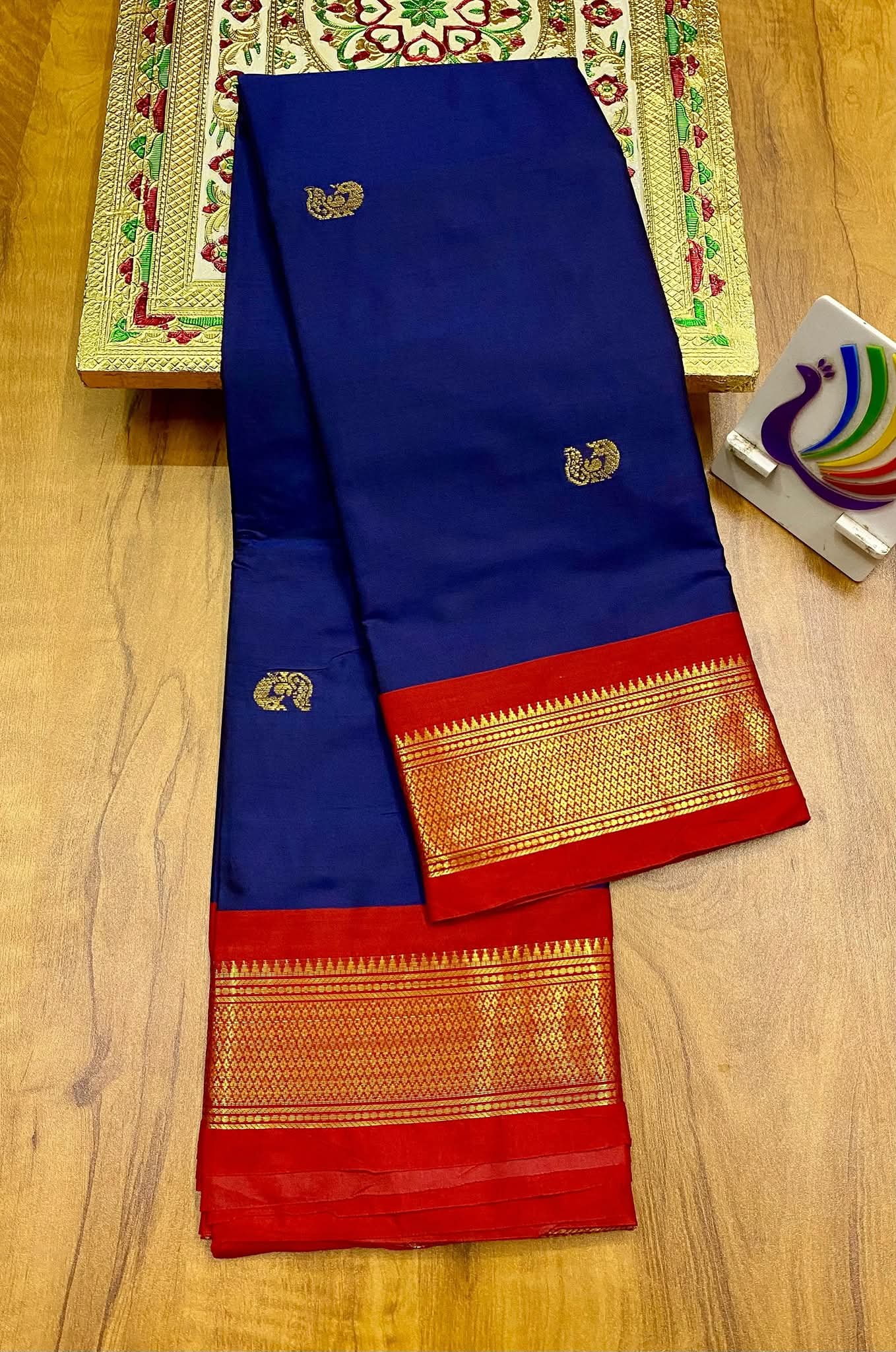 Royal Navy Blue & Classic Red Paithani Cotton Silk Saree