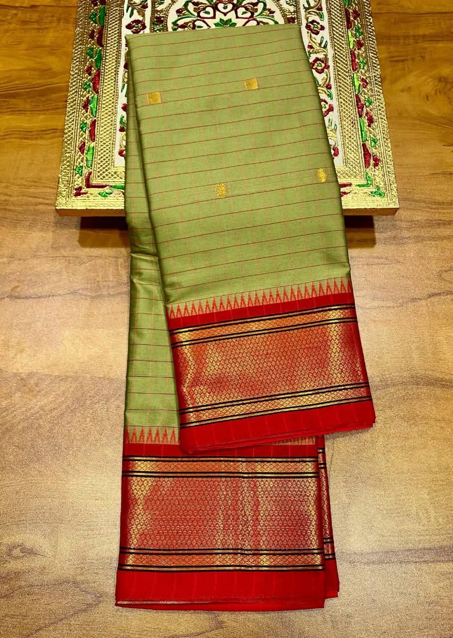 Elegant Olive Green & Red Cotton Silk check paithani Saree