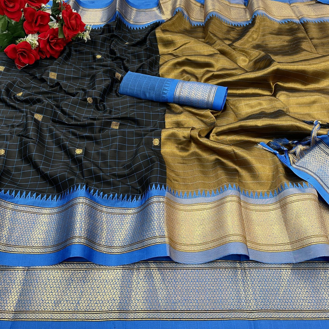 Royal Black & Blue Checks Paithani Silk Saree with Zari Border