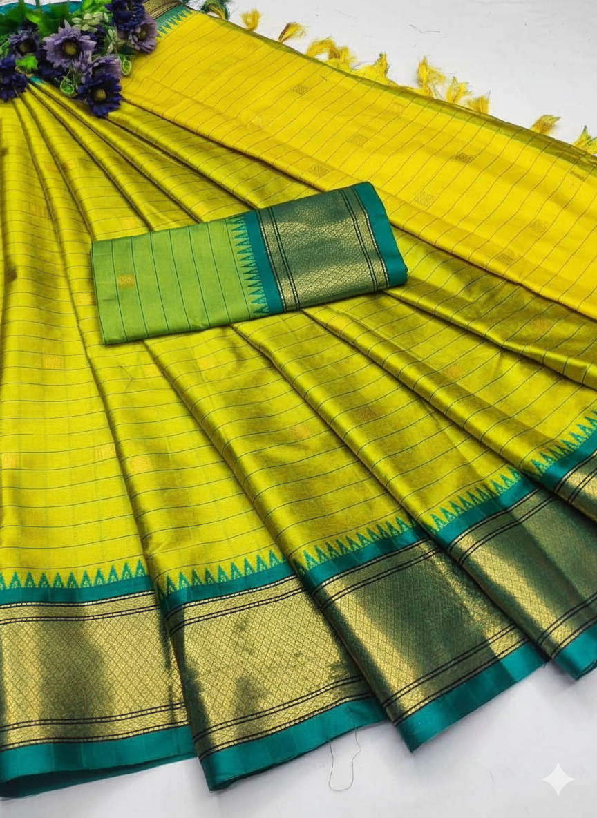 Bright Yellow & Green Checks Paithani Cotton Silk Saree with Gold Zari Border