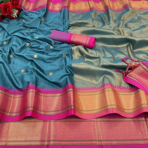 Teal Blue & Rani Pink Checked Cotton Silk Saree with Rich Zari Border