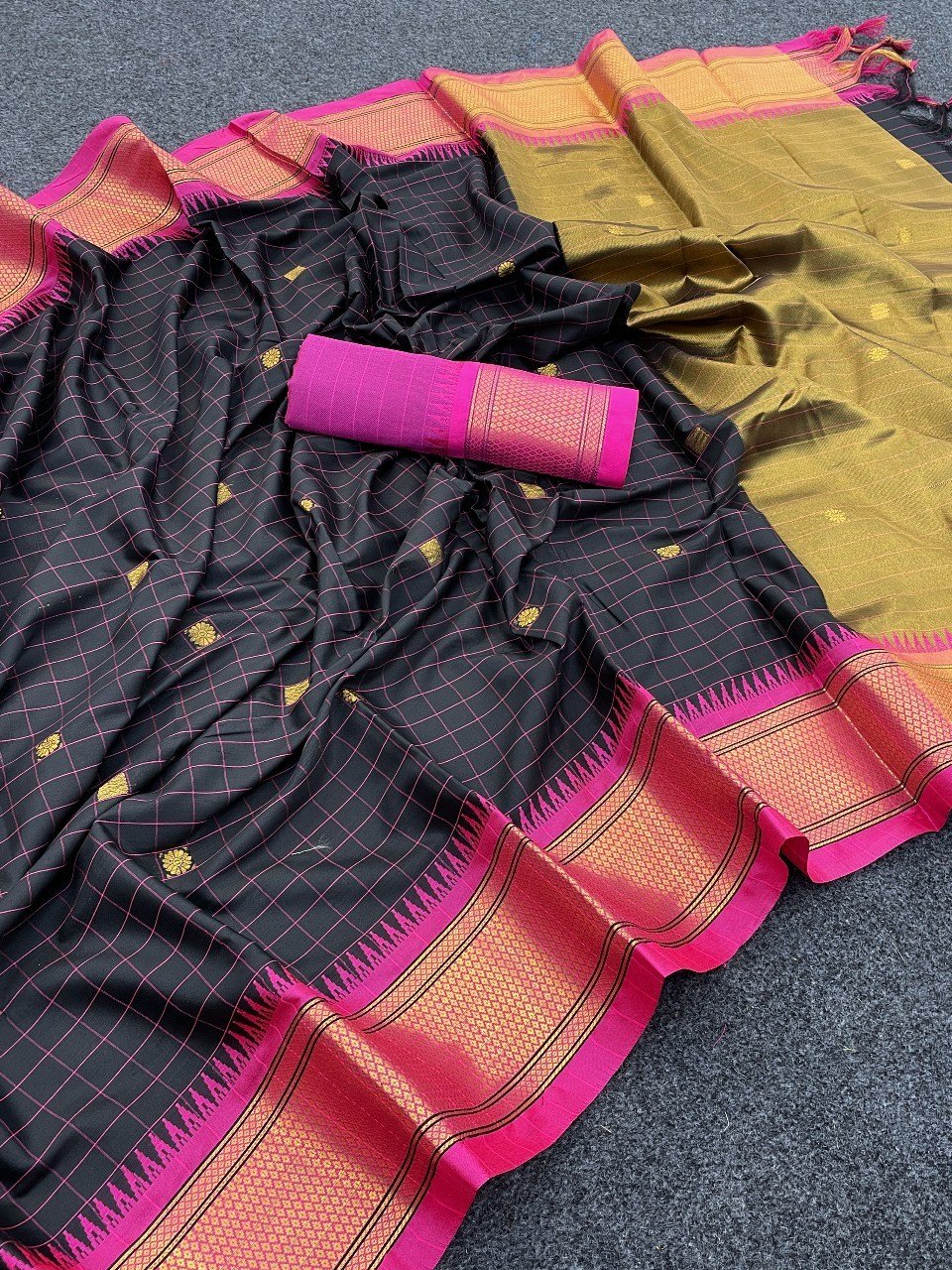 Elegant Black Checks Paithani Cotton Silk Saree with Pink & Gold Zari Border