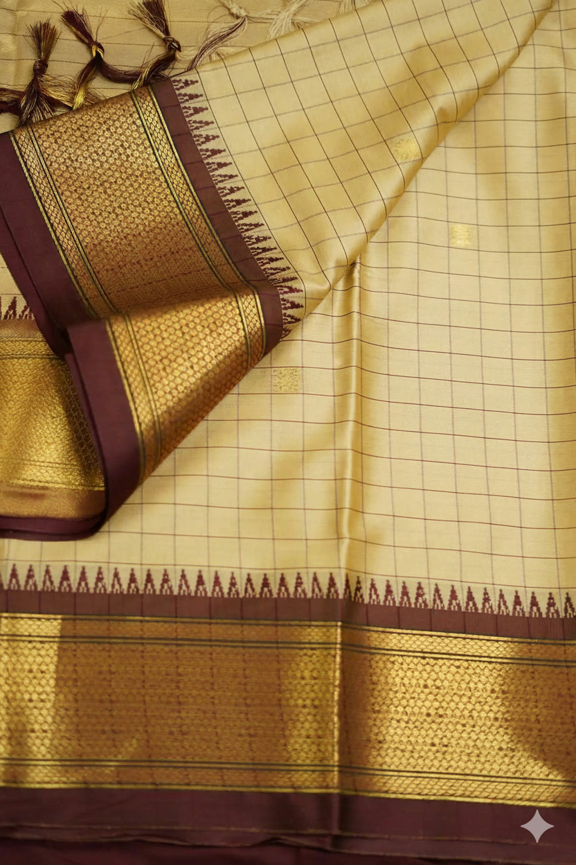 Elegant Cream & Brown Checks Paithani Cotton Silk Saree with Gold Zari Border