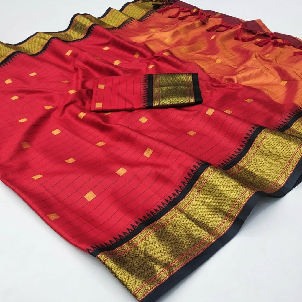 Royal Red & Black Cotton Silk Checks paithani Saree