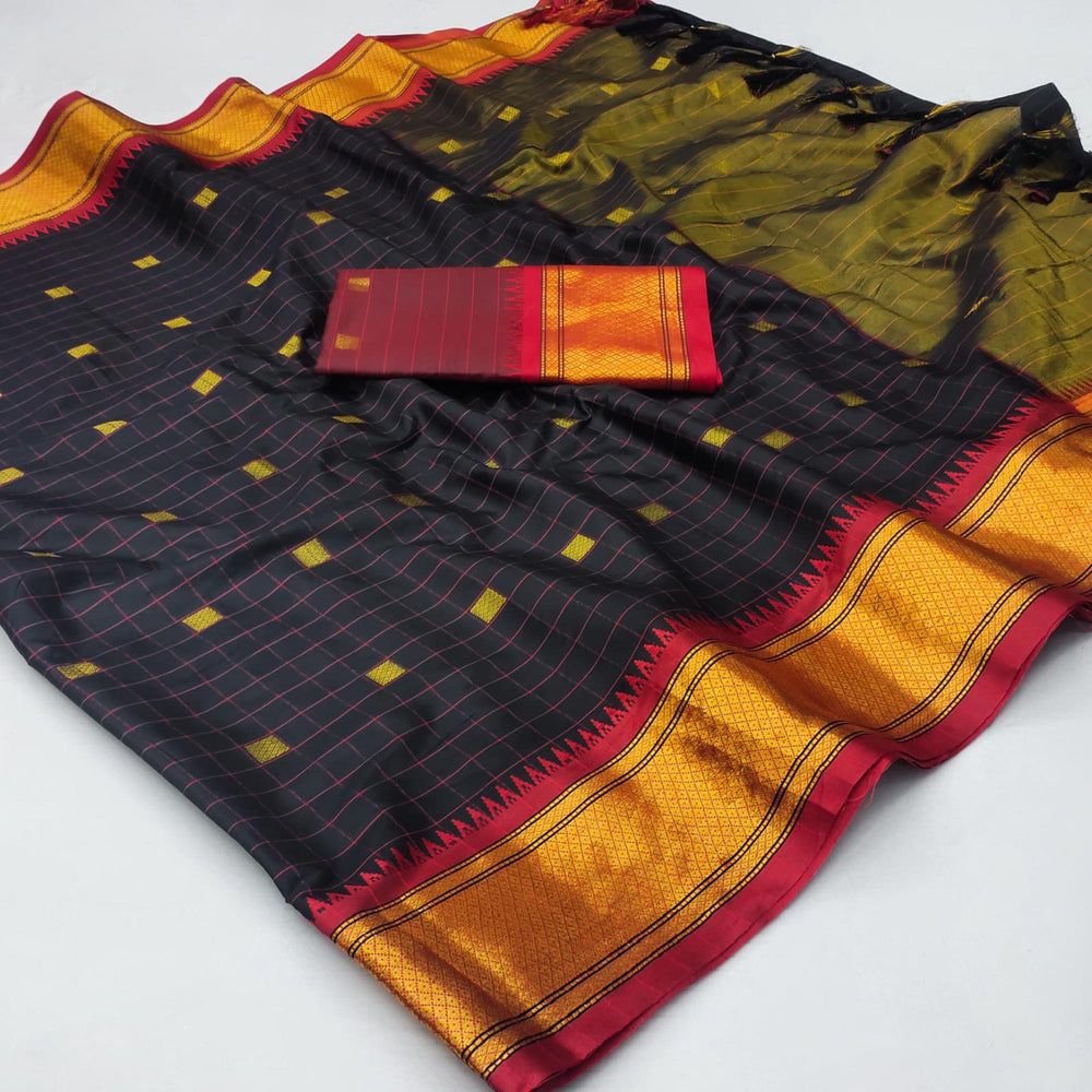 Elegant Black & Red Checks Paithani Cotton Silk Saree with Gold Zari Border